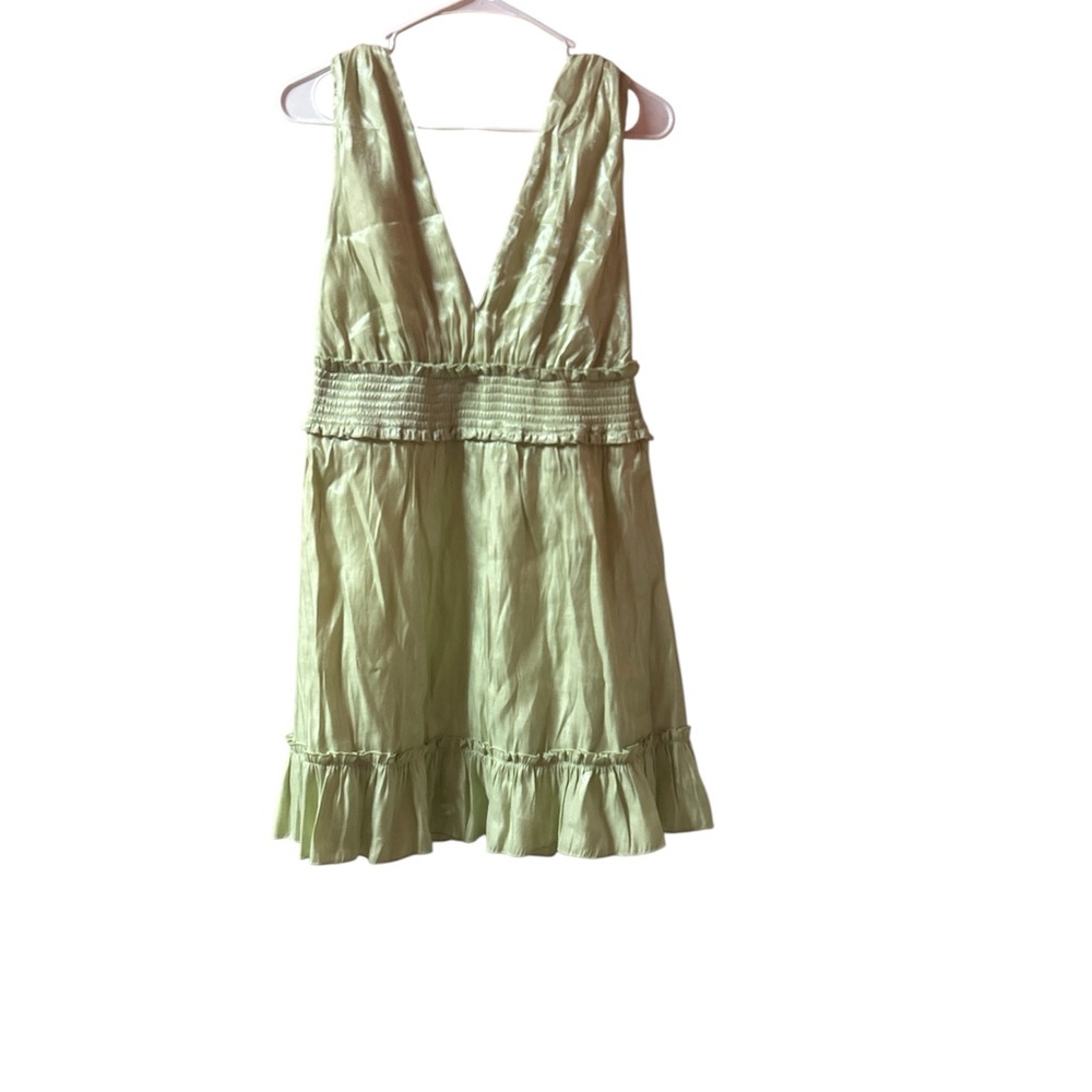 Heart & Heels Pastel Green Deep V-Neck shirred elastic waist Ruffled hem dress